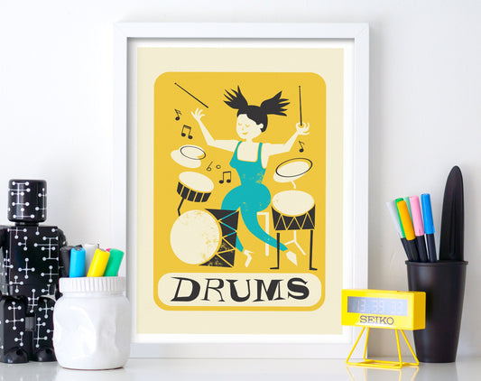 Drummer Girl Poster Print, Gift for Musician, Rock Star Drums, Gift For Best Friend
