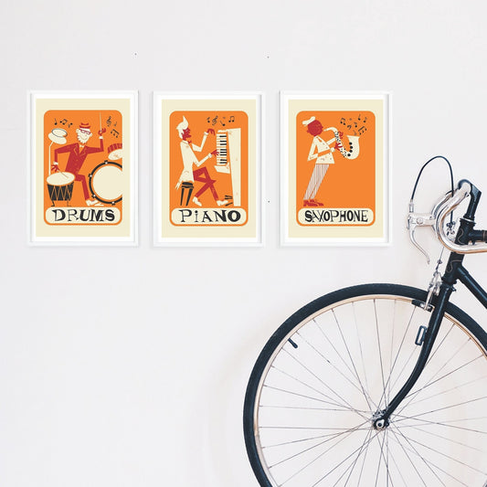 Set of 3 Music Posters, Retro Style Prints, Drums Piano Saxophone, Living Room Wall Decor