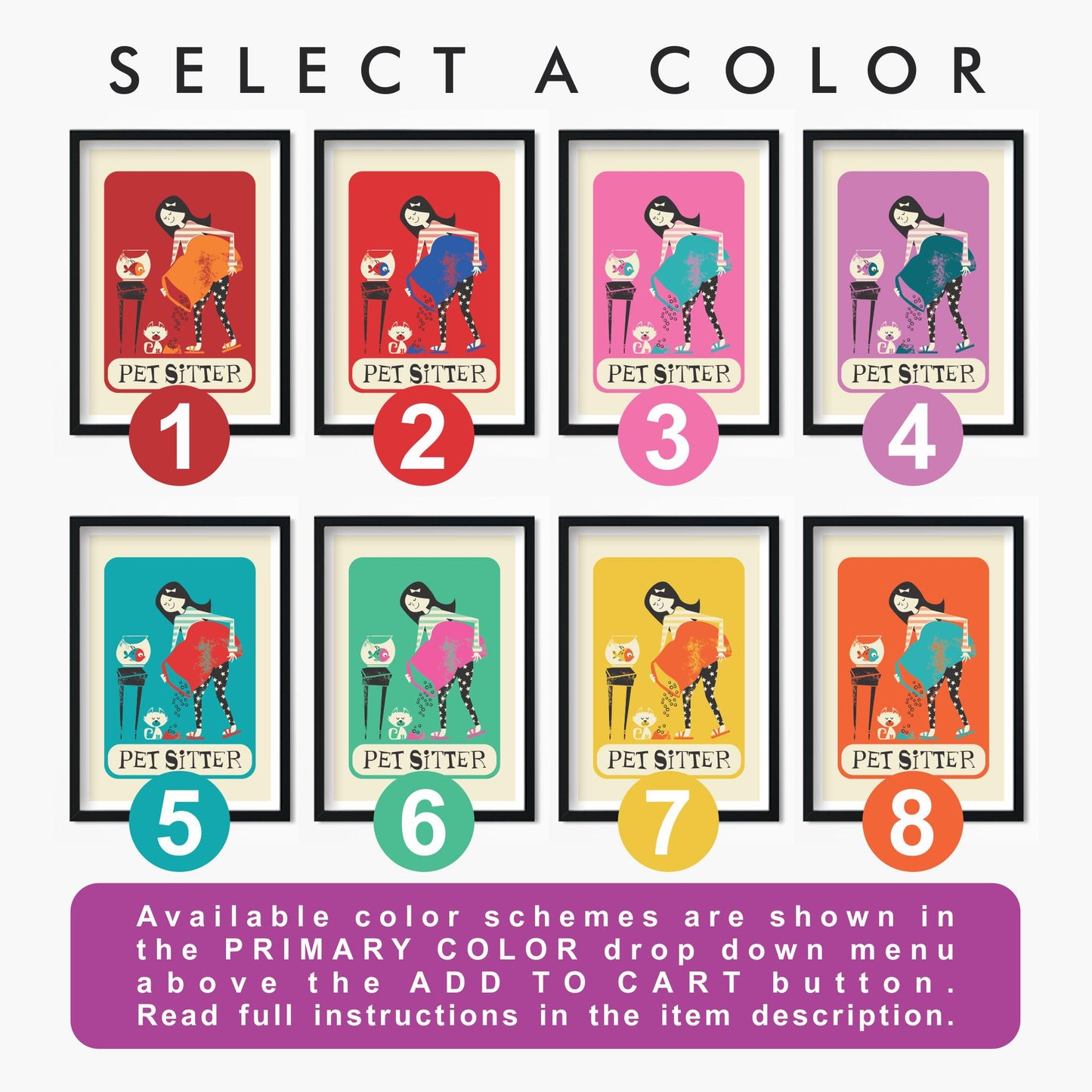 Set Of Pet Sitters Posters, Mid 50s Style Wall Decoration, Dog Cat Fish Bird Sitter