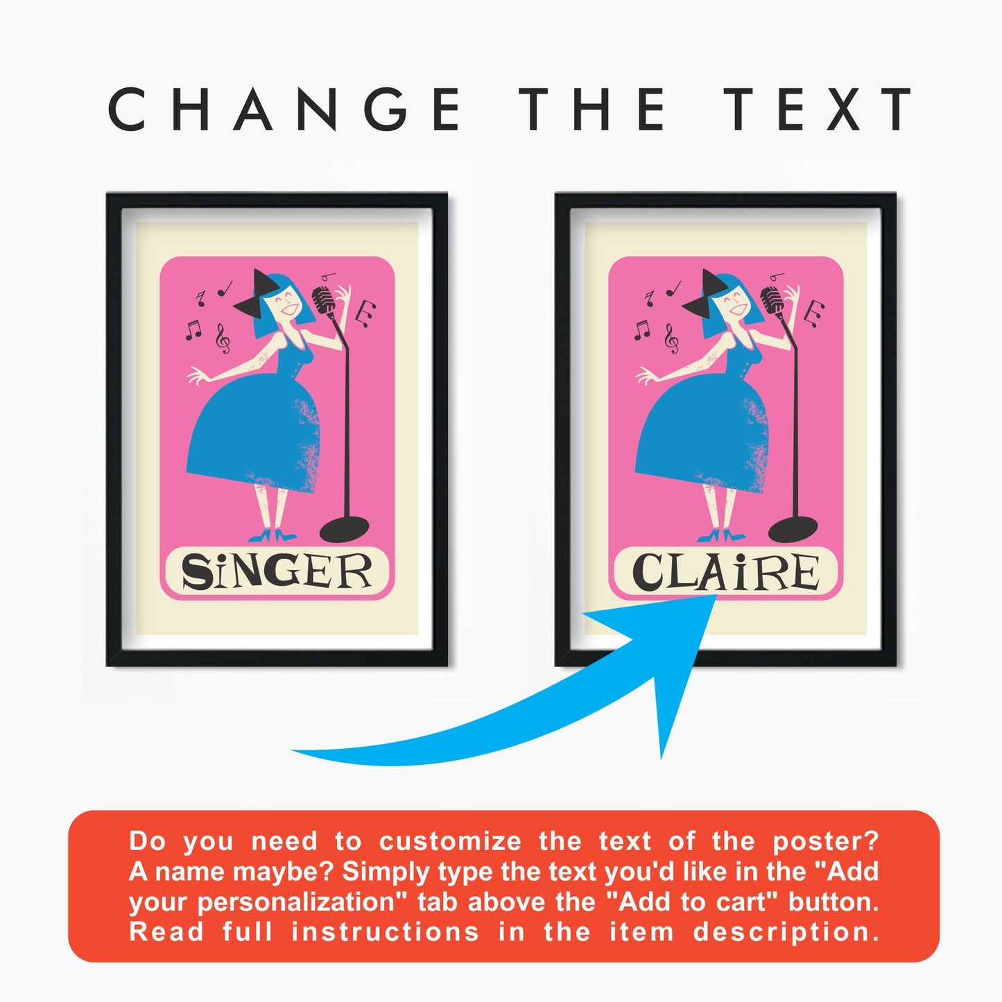 Girl Singing Poster, Mid Century Modern, Personalized Gift for Musician, Retro Microphone