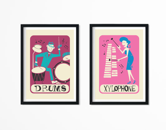 Set of Two Posters, Music Prints Xylophone and Drums, Add Your Favourite Names