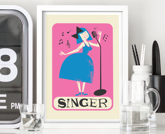 Girl Singing Poster, Mid Century Modern, Personalized Gift for Musician, Retro Microphone