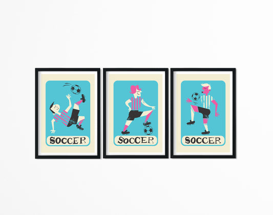 Men's Soccer Team Set Of Posters, Football Player Vintage Prints, Sport Lovers Teammate