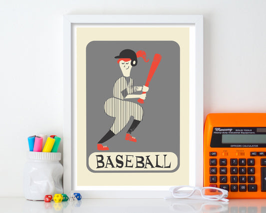 Baseball Poster, Personalised Unique Sports Gift, Choose Your Colors Gray Red, Bedroom Decor