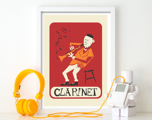 Clarinetist Poster, Clarinet Mid 50s Illustration Print, Personalize & Pick Your Color