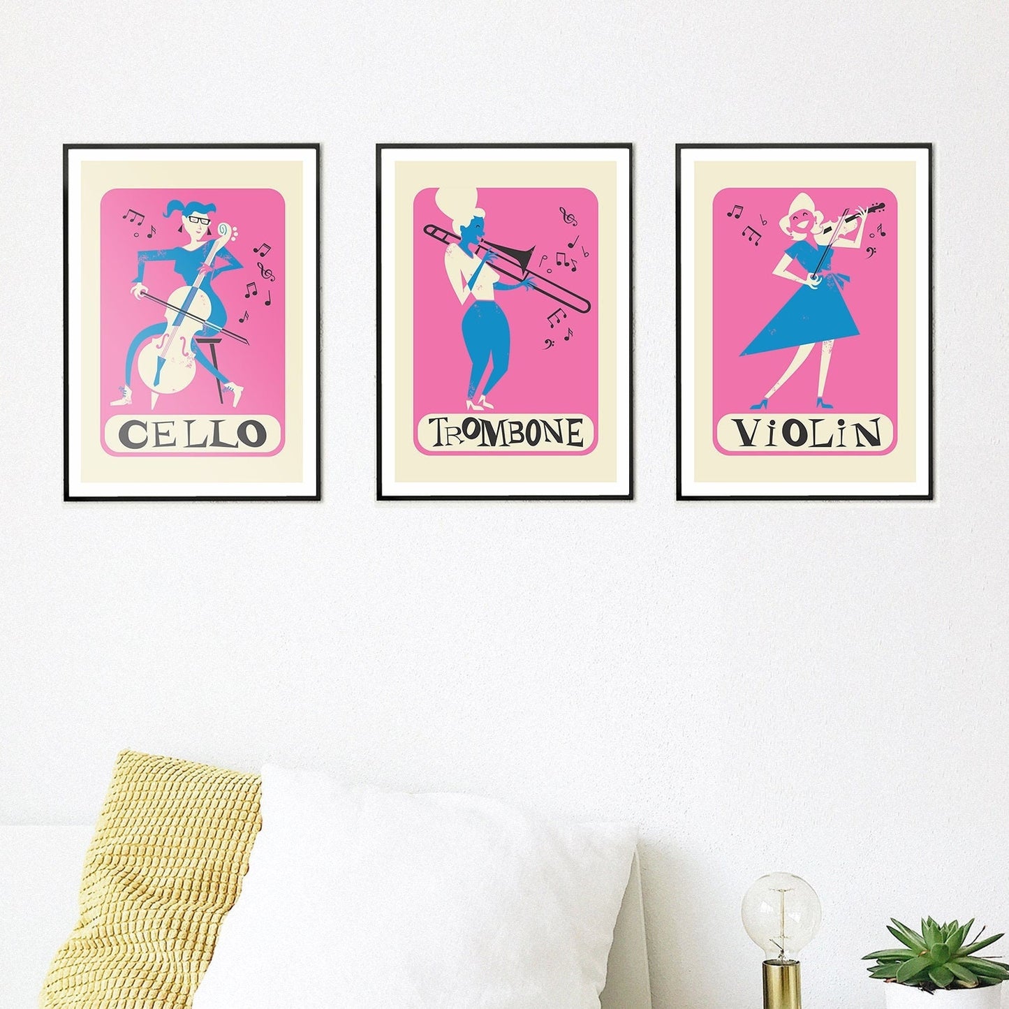 Set of 3 Music Prints, Classic Instruments, Cello Trombone Violin, Posters Retro Style, Christmas Gift