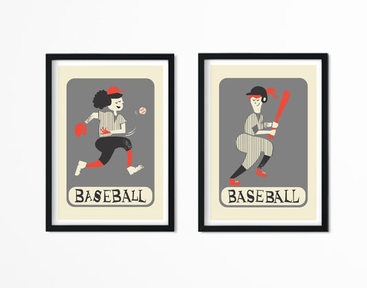 Set Of Two Baseball Players, Mid 50s Classic Posters, Pitcher Batter Girls, Christmas Gift Art