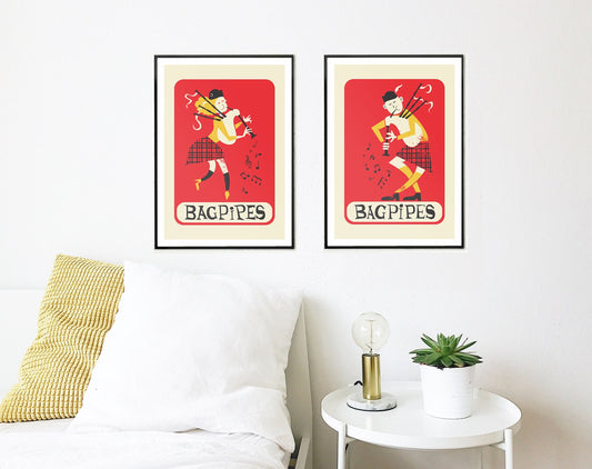 Bagpipes Posters, Music Set of 2 Prints, Scottish Heritage Music Gift