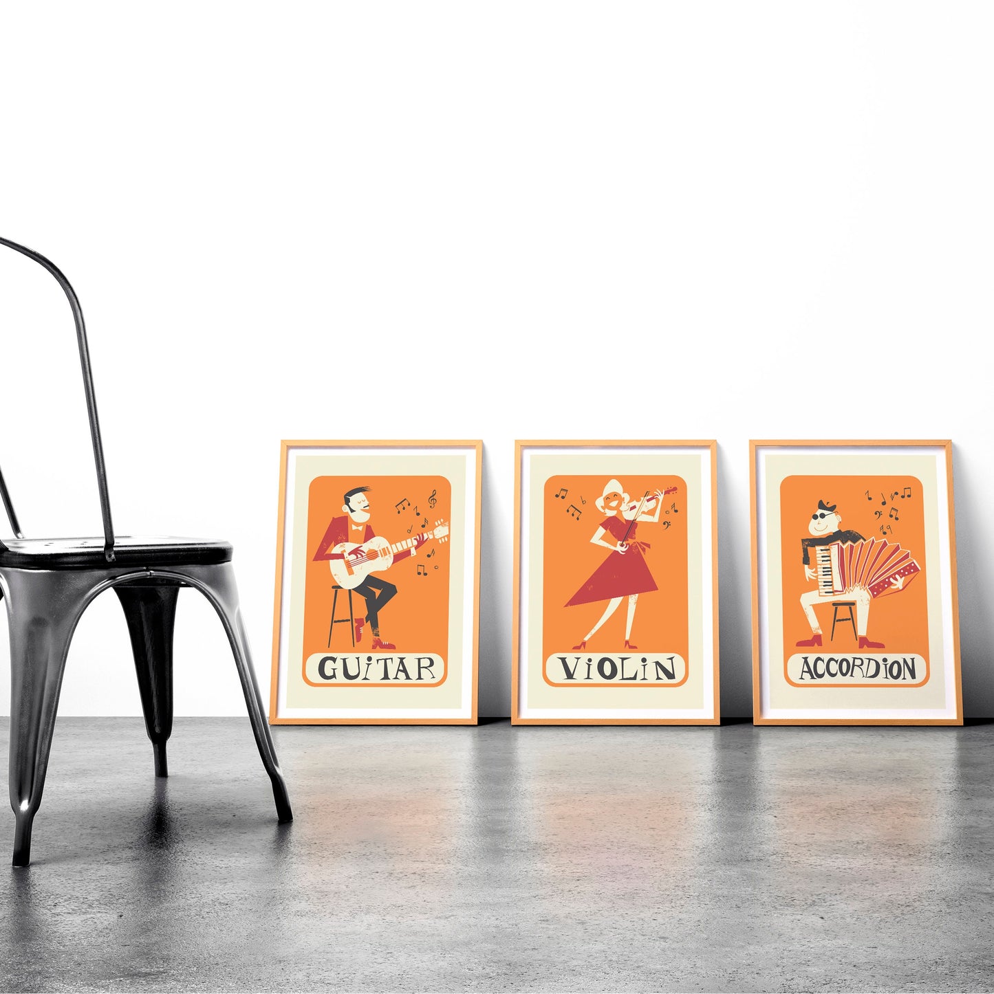 Set of 3 Posters, Violin Accordion Guitar Retro Prints, Gift for Grandfather, Tango Band