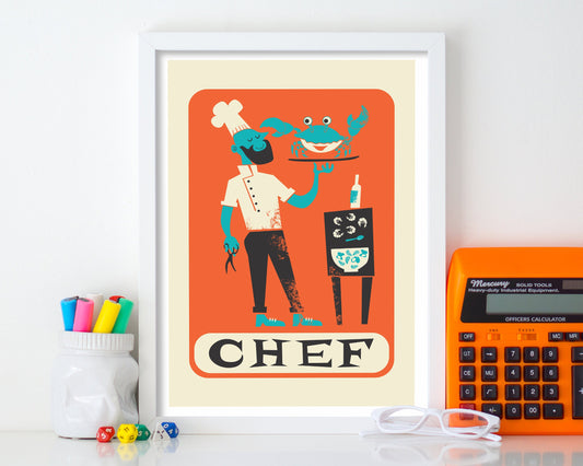 Cooking Print, Cool Chef Poster, Fun Kitchen Art Chef And Crab, Modern Aesthetic Kitchen Decor