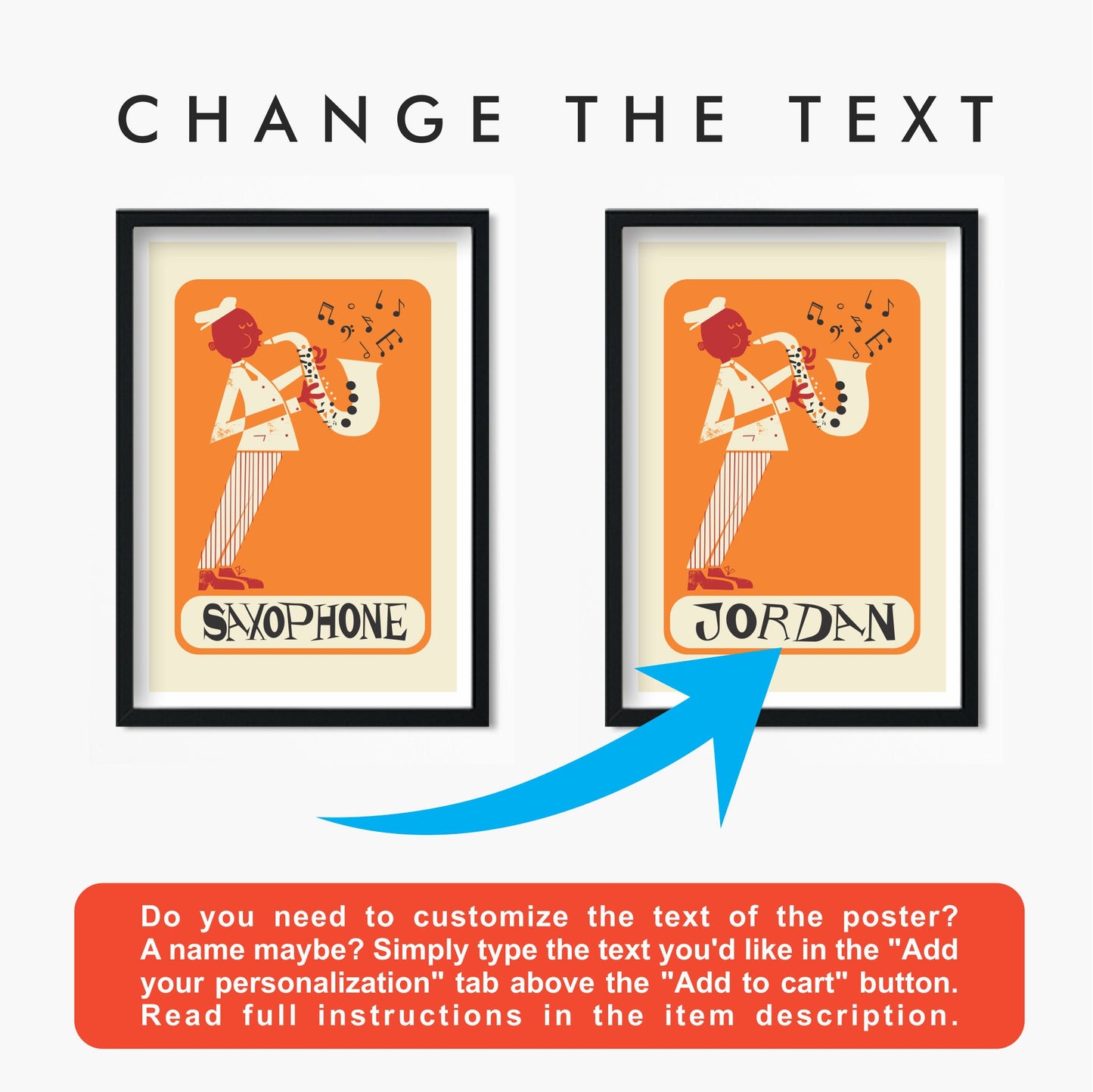 Set Of Two Saxophone Posters, Wall Art Jazz Music Prints, Personalised Names