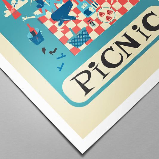 Picnic Holiday Poster, Wine Olives Watermelon Bread Cheese Strawberry and Tomato Art, Summer Gift For Mom