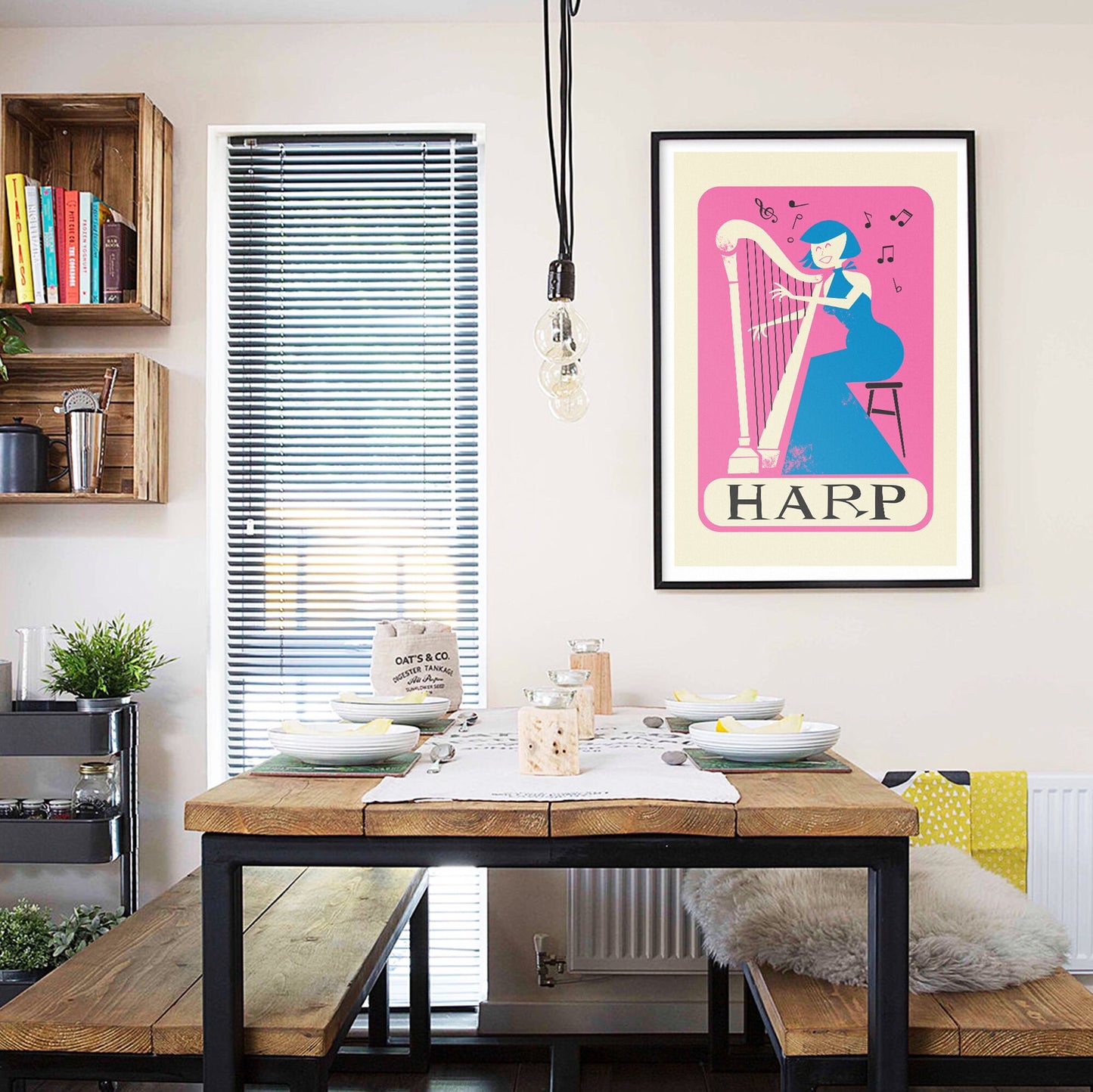 Harp Player Vintage Poster Print, Pink & Blue, Woman Gown
