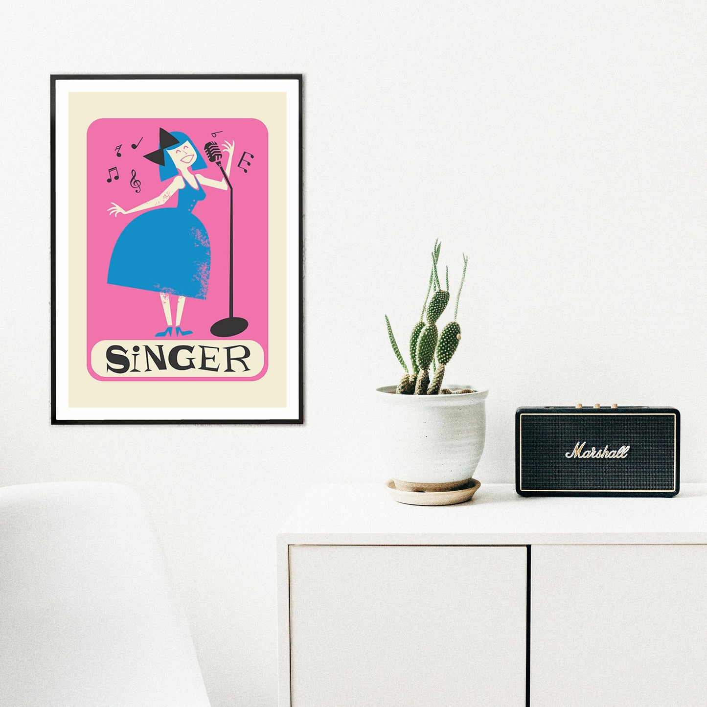 Girl Singing Poster, Mid Century Modern, Personalized Gift for Musician, Retro Microphone