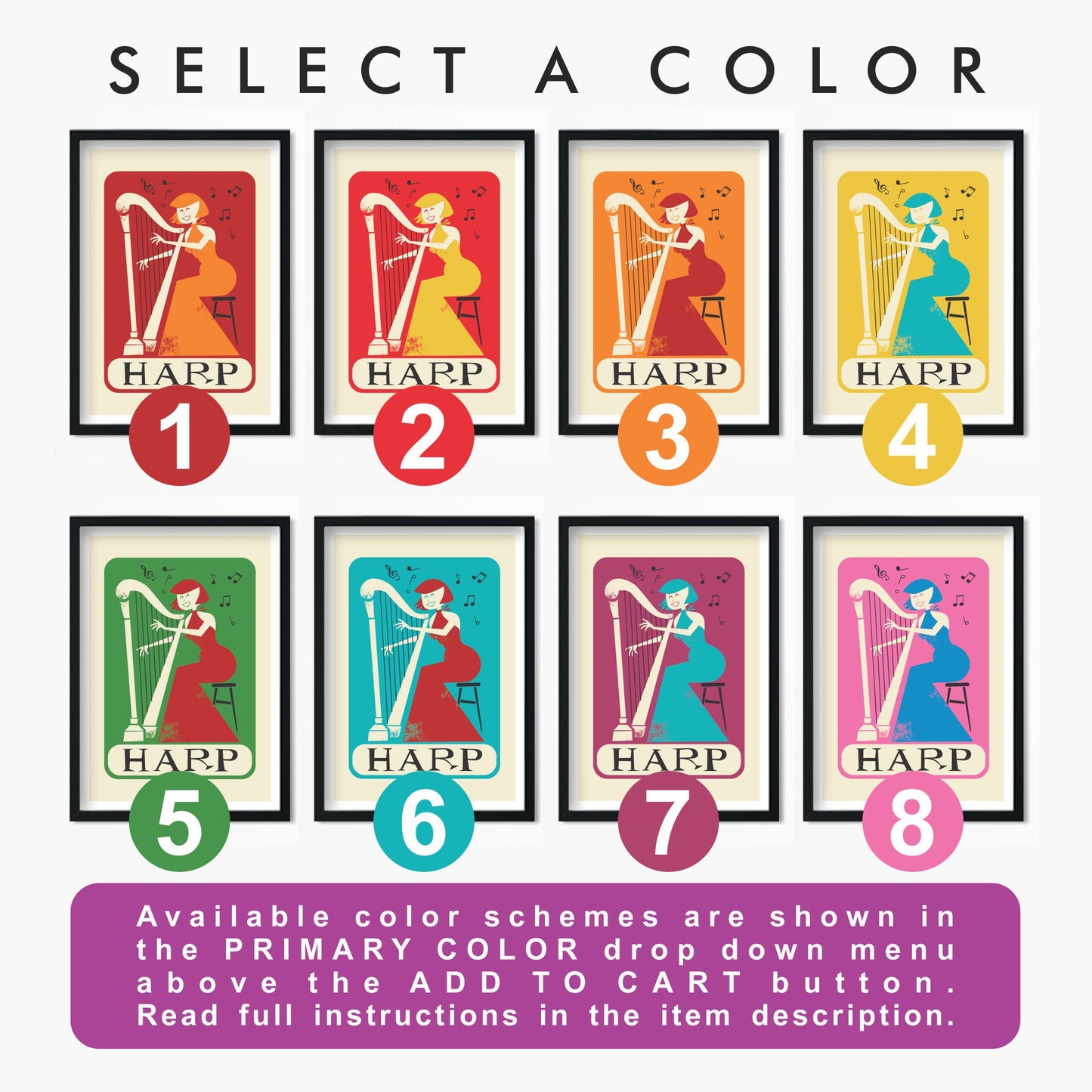 Harp Player Vintage Poster Print, Pink & Blue, Woman Gown