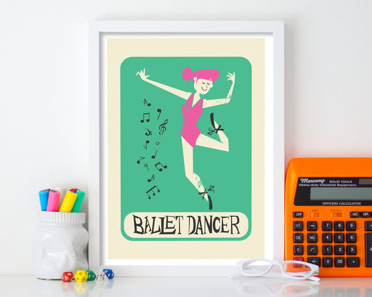 Ballet Dancer Birthday Gift Print, Personalised Ballerina Mid Century Poster, Dance Shoes