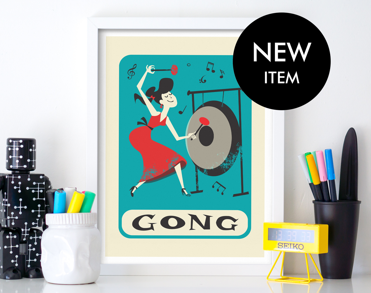 Gong Print, Pop Art Poster, Girl Playing Music Instrument