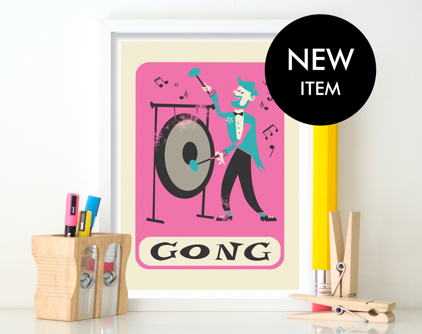 Gong Player Print, Musician Wall Art, Pop Art Poster, Mid Century Music Decor