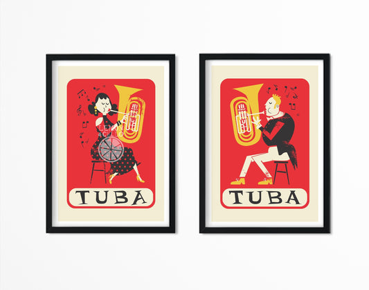 Set Of 2 Tuba Player Posters, Mid 50s Art Prints, Music Studio Wall Hangings, Orchestra Brass