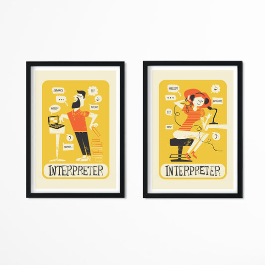 Set Of Two Interpreter Posters, Mid 50s Print For Translators, Appreciation Coworkers Christmas Gift