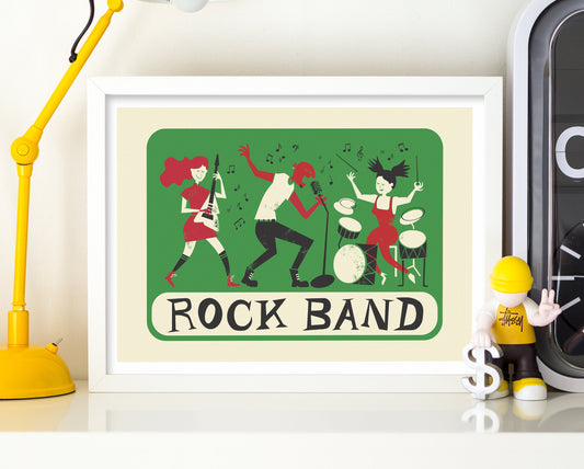 Rock Band Poster, Music Print Gift For Him/Her, Guitar Drums Singer