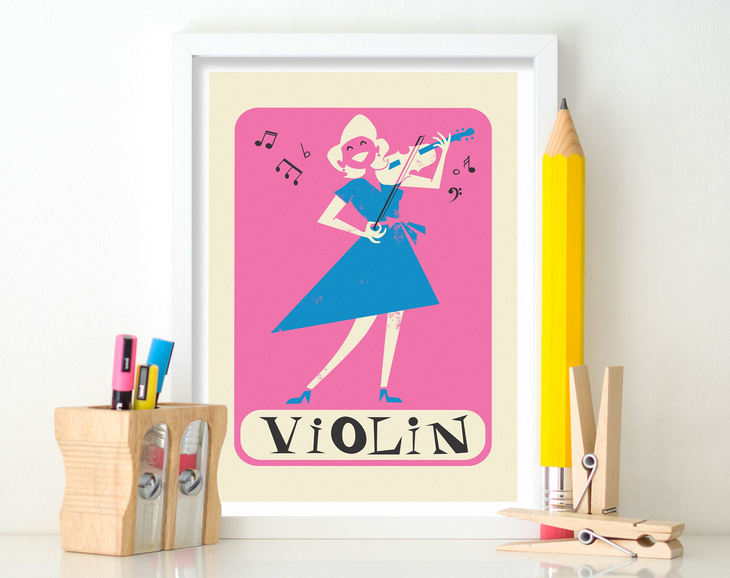 Violin Print, Living Room Wall Art, Gift for Teacher, Color of Your Choice, Mid 50s
