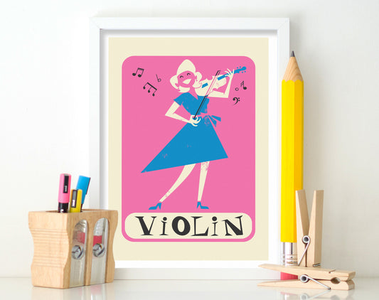 Violin Print, Living Room Wall Art, Gift for Teacher, Color of Your Choice, Mid 50s