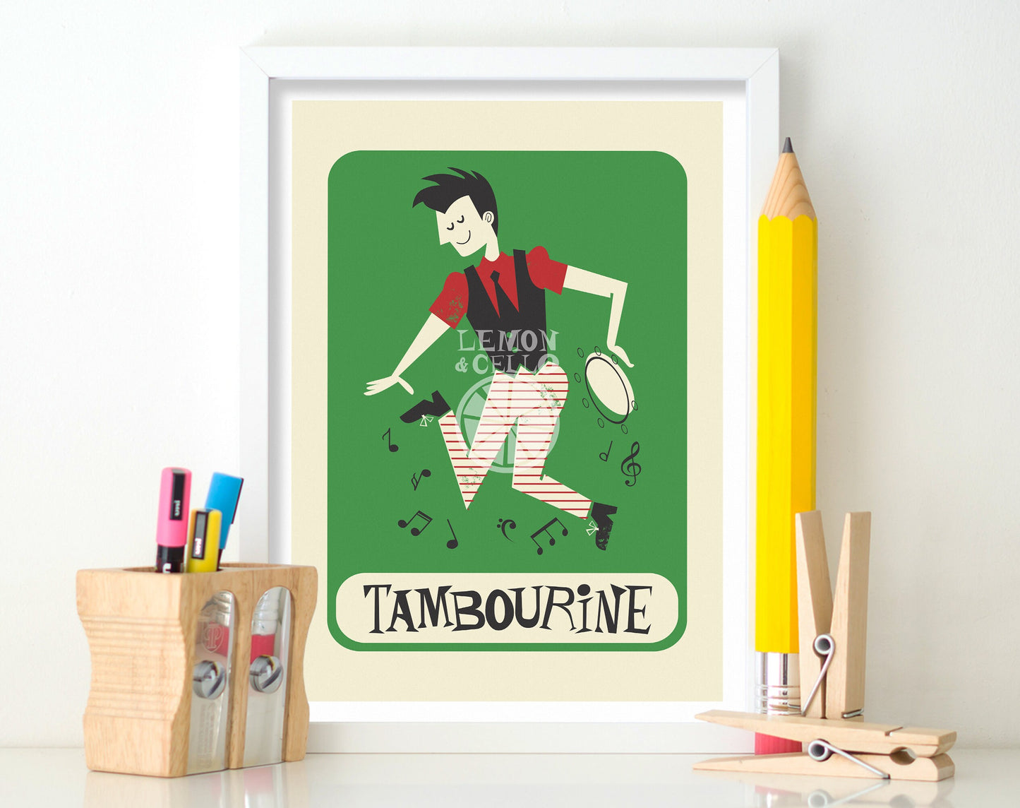 Tambourine Artwork Boy Jumping, Mid Century Print Poster Instrument