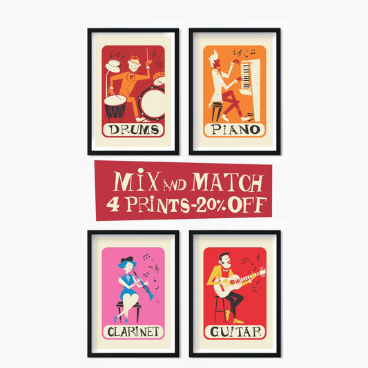 Mix & Match 4 Prints, Personalized Set Of Posters, Living Room Wall Decor Instruments