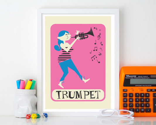 Girl Playing Trumpet Poster, Musician Hot Pink Art Gift, Custom Children's Name Graduation