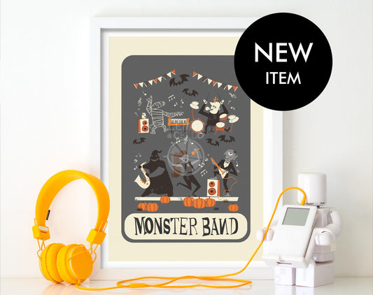 Monster Band Poster, Halloween Art, Retro Spooky Wall Decor, Music Band Jack O Lantern, Salem, Dark