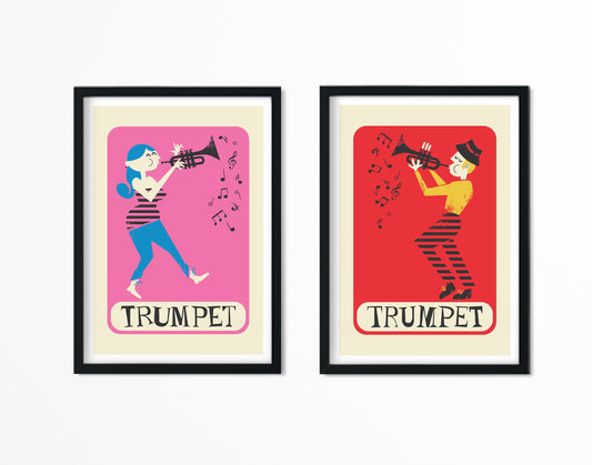 Music Gift Set of Two Prints, Trumpet Players Posters, Pick Your Color And Names