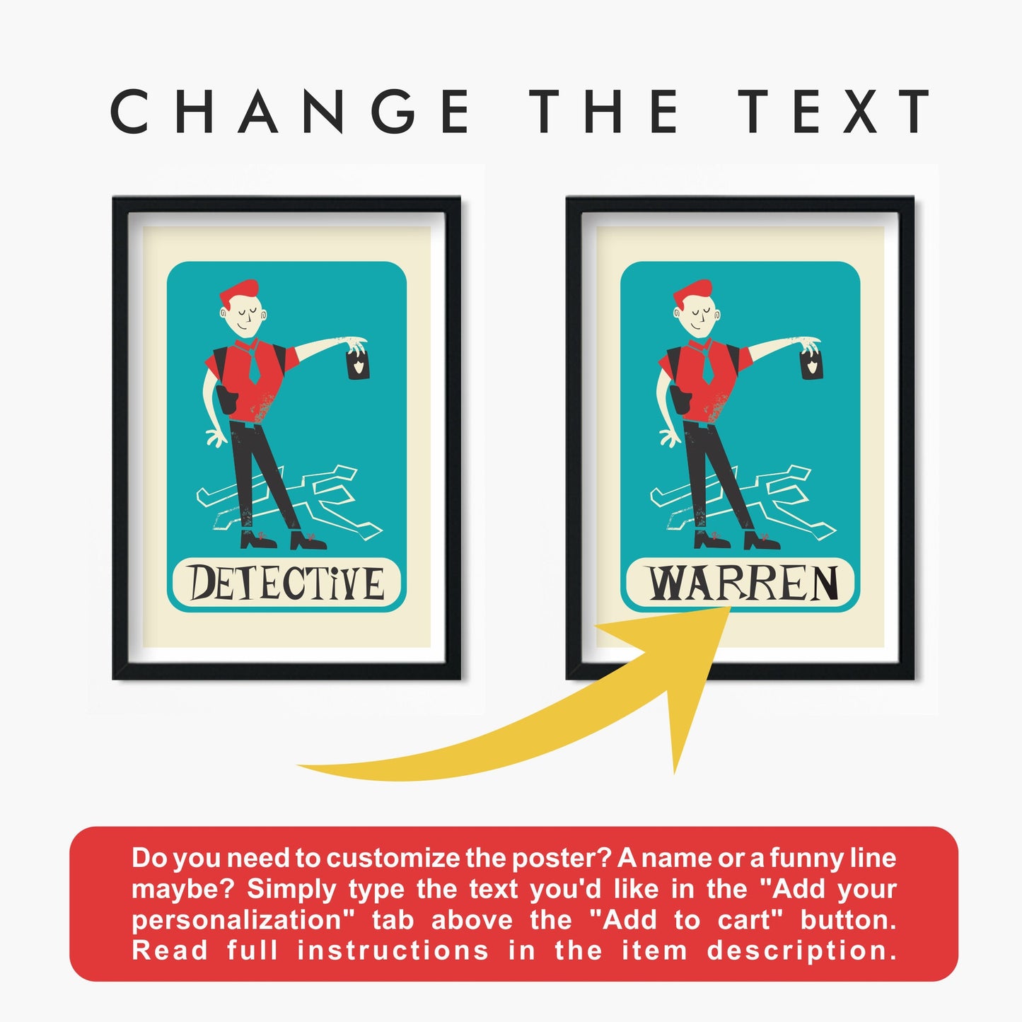 Detective Illustration Poster, Funny Gift For Detective, Select Colors Change Text