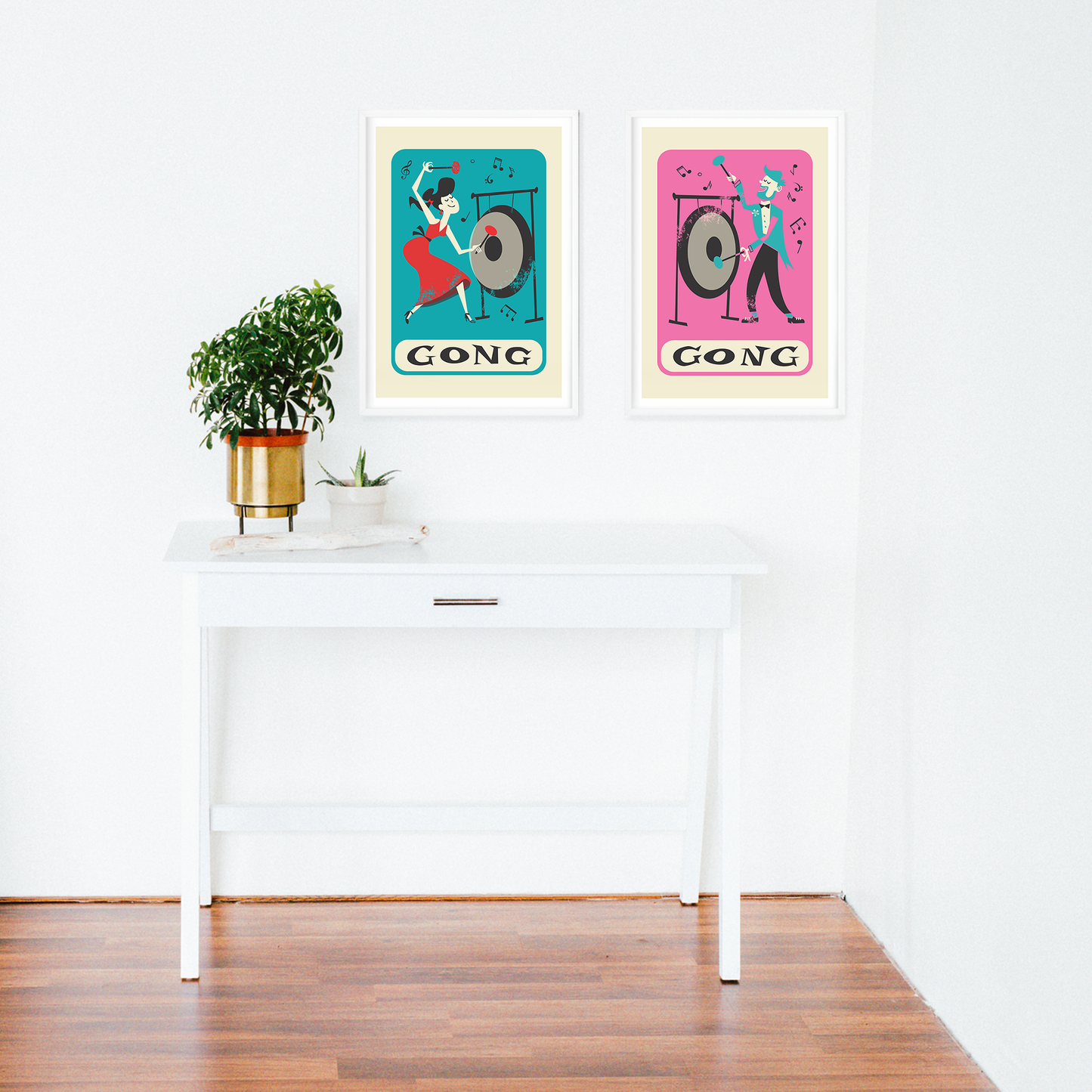 Set of Two Gong Posters, Retro Percussion Players, Gift for Musicians