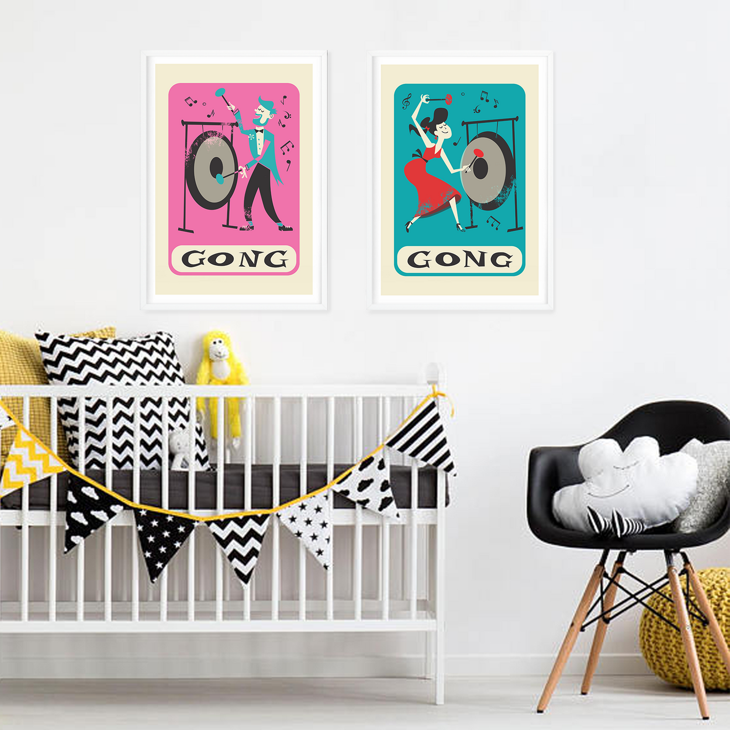 Set of Two Gong Posters, Retro Percussion Players, Gift for Musicians
