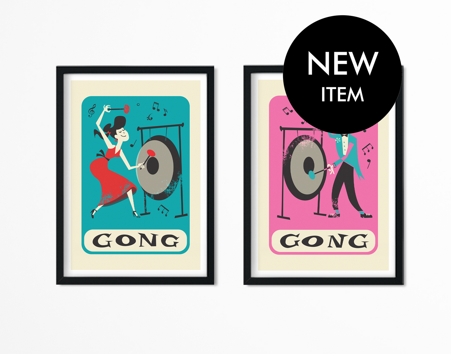 Set of Two Gong Posters, Retro Percussion Players, Gift for Musicians