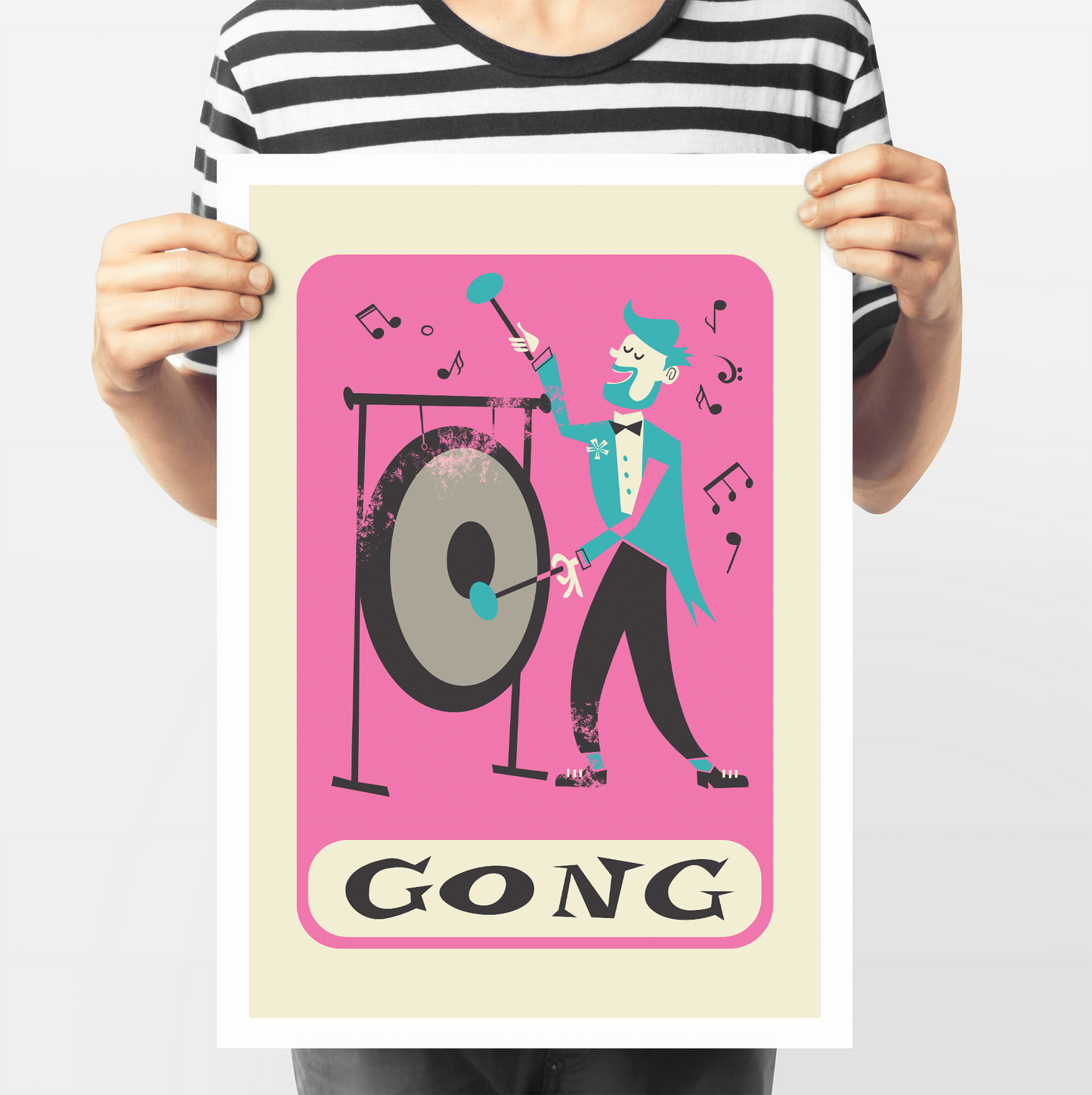 Gong Player Print, Musician Wall Art, Pop Art Poster, Mid Century Music Decor